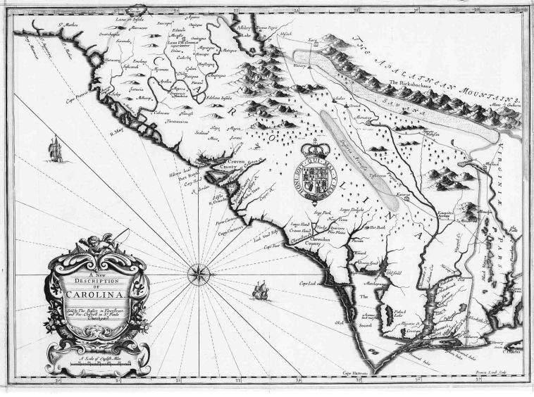 1676 Carolina map with no border between North and South!